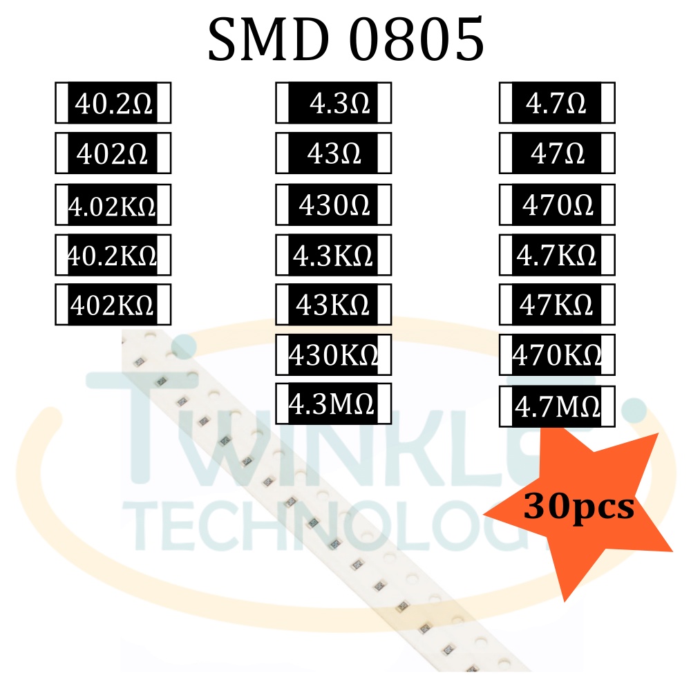Resistor SMD 0805 40 .2ohm, 402ohm, 40.2Kohm, 4.3ohm,4.7ohm,43ohm,47ohm ...