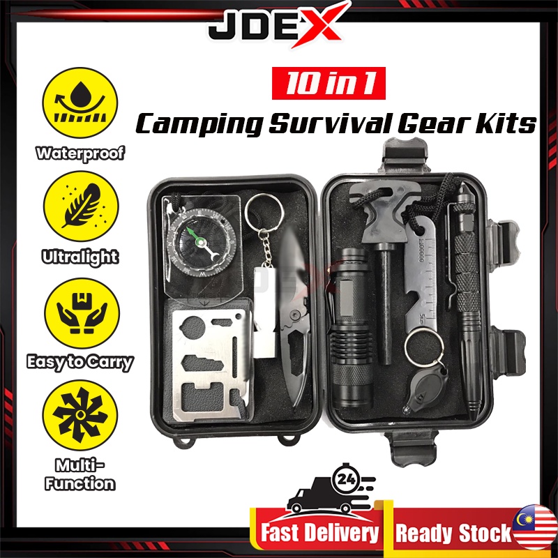 JDEX 10 in 1 Camping Survival Gear Kits Set Outdoor Camping Accessories