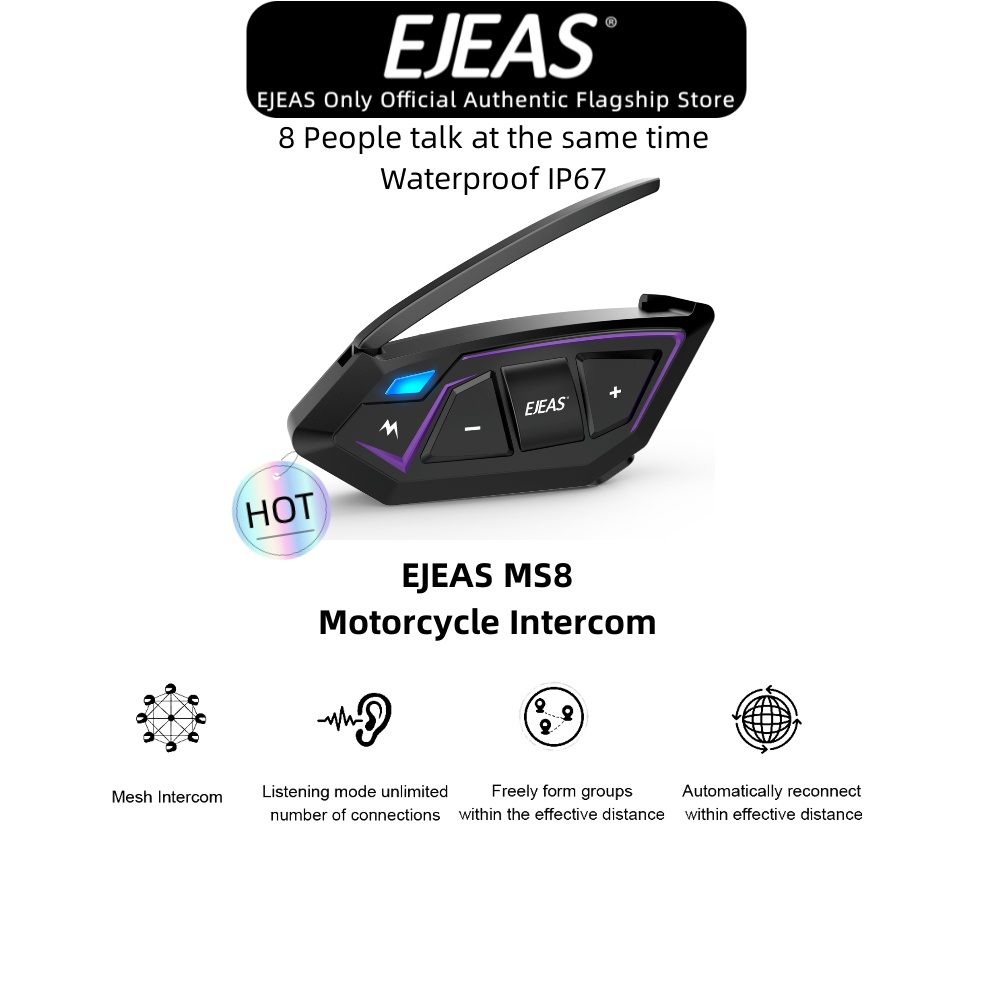 EJEAS MS8 Motorcycle Wireless Helmet Bluetooth MS8 Headset Waterproof IP67 Bluetooth 5.