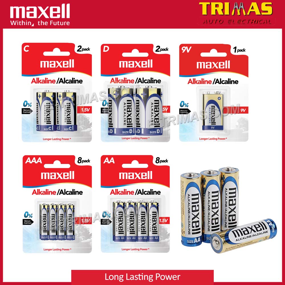 TRIMAS Original Maxell Alkaline AA AAA 2A 3A 9V C D Heavy Duty Alkaline