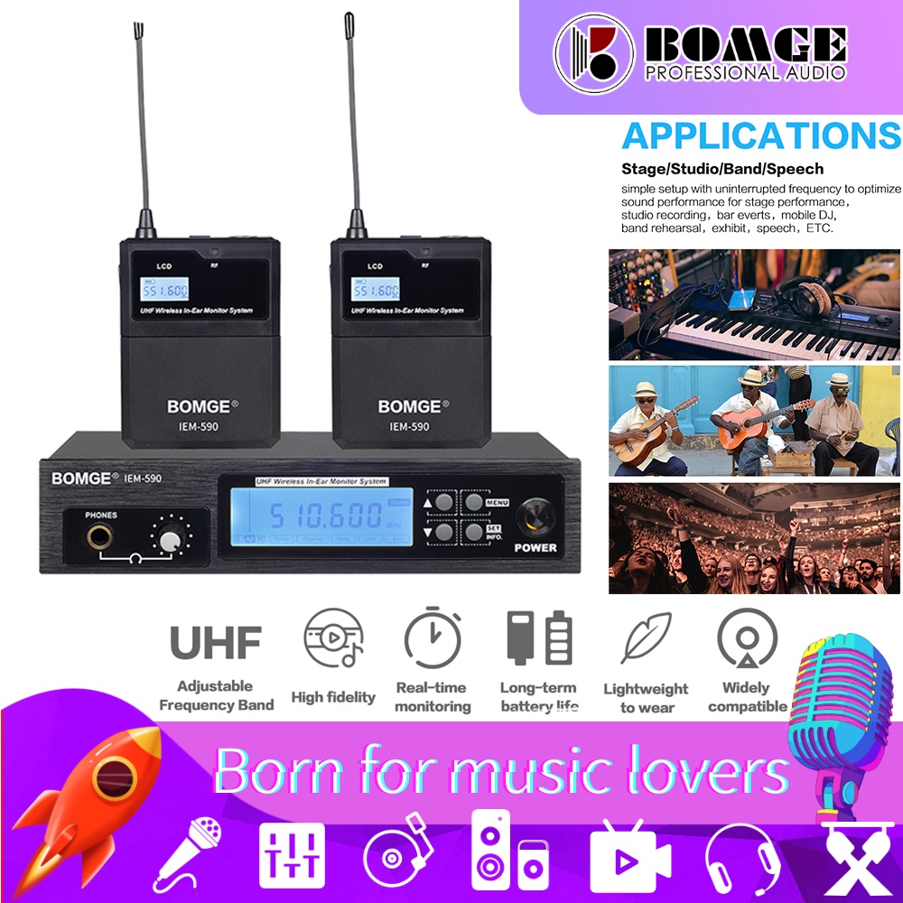 BOMGE Pro UHF Stereo audio wireless in-ear monitoring system 180Ft ...