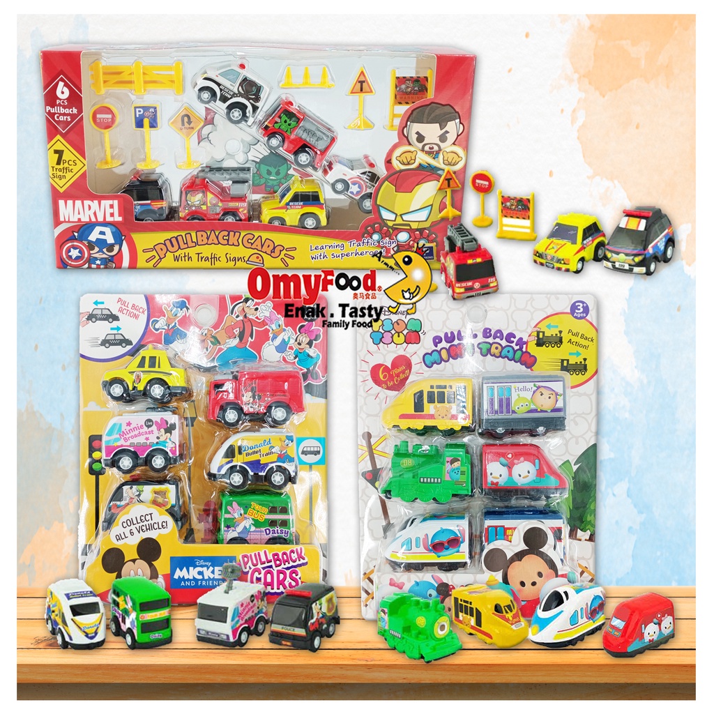 Disney Marvel Pull Back Cars with Tracffic Signs, Mini Train Child Kid