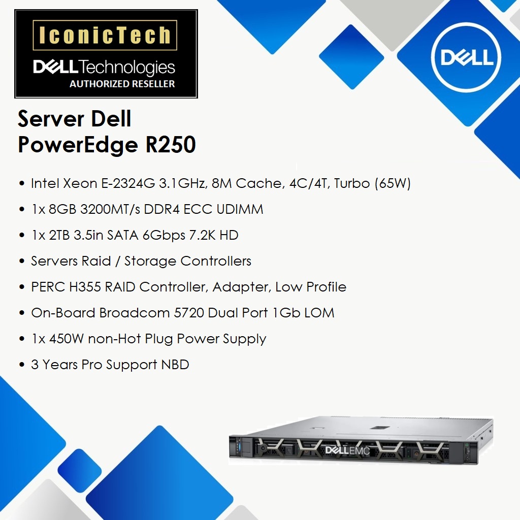 Dell PowerEdge R250 Rack Server (E2324G, 8GB, 2TB, PERC H355 RAID