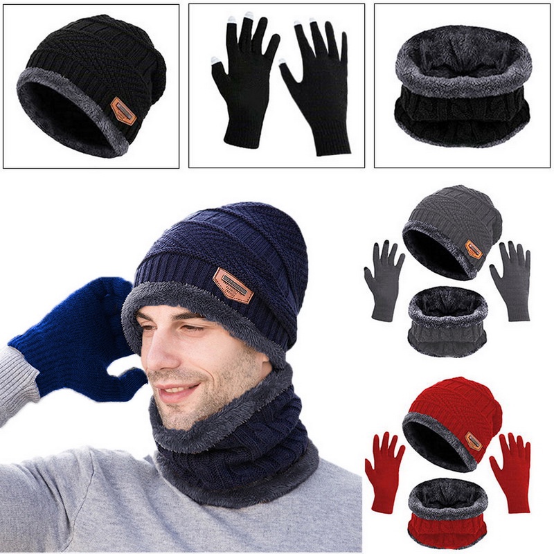 3 In 1 Hat Scarf Gloves Set Knitted Neck Warmer Beanie Hat Winter Warm ...