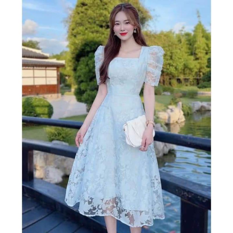 Otis Dress with square neck, puff sleeves and flared lace party Dress ...