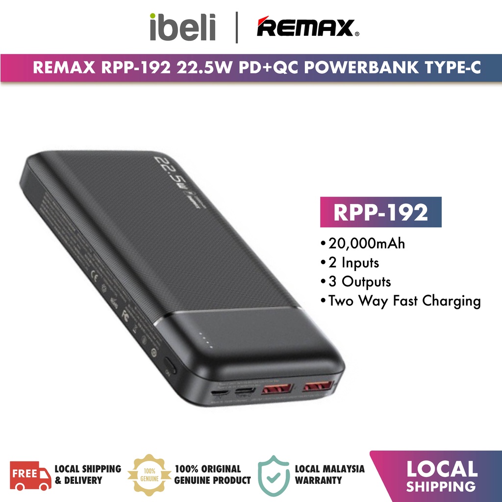 Remax RPP-192 22.5W PD+QC Powerbank Type-C Fast Charging 20000mAh PD ...