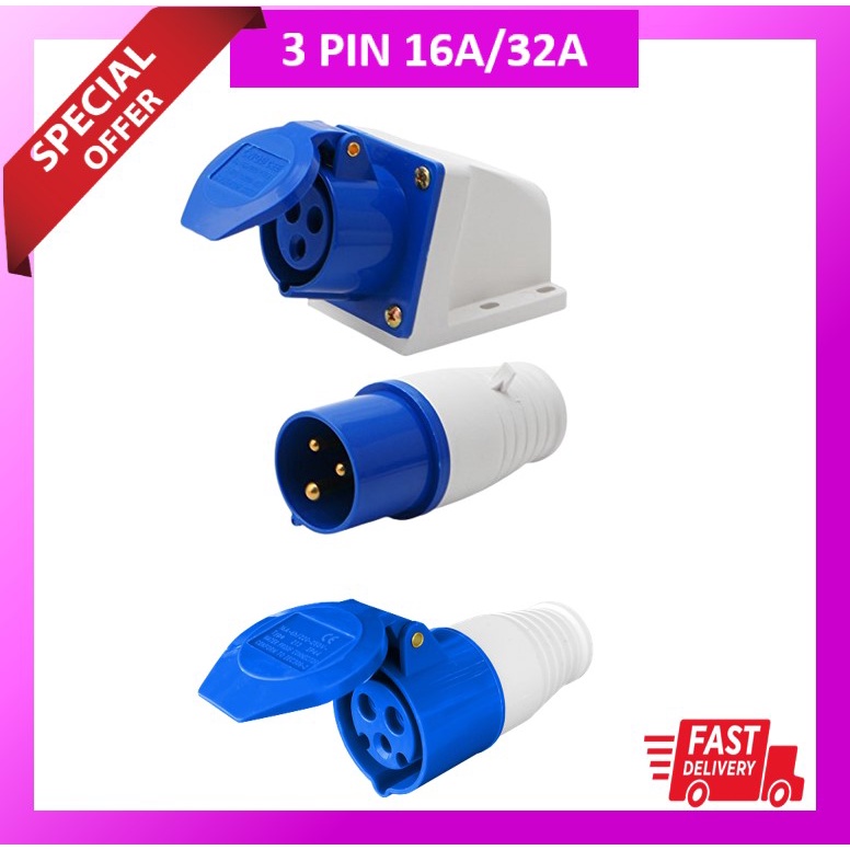 16a32a 3 Pin Industrial Plug Wall Socket Connector Blue Single Phase 240v Shopee Malaysia 8572