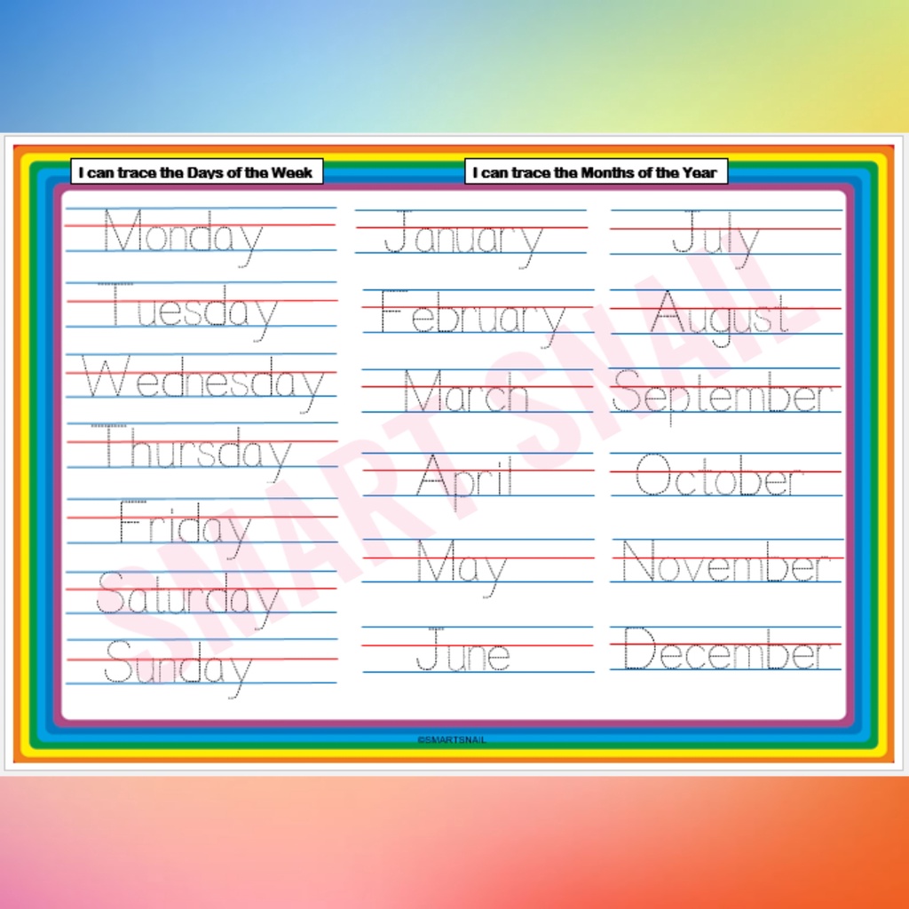 Laminated Tracing Days of the Week & Months of the Year +FREE DRY ERASE