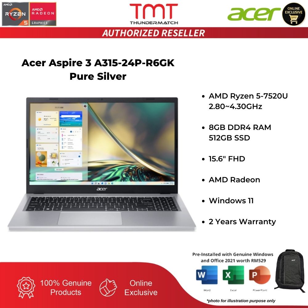 Acer Aspire 3 A31524PR6GK Silver Laptop AMD Ryzen 57520U 8GB RAM