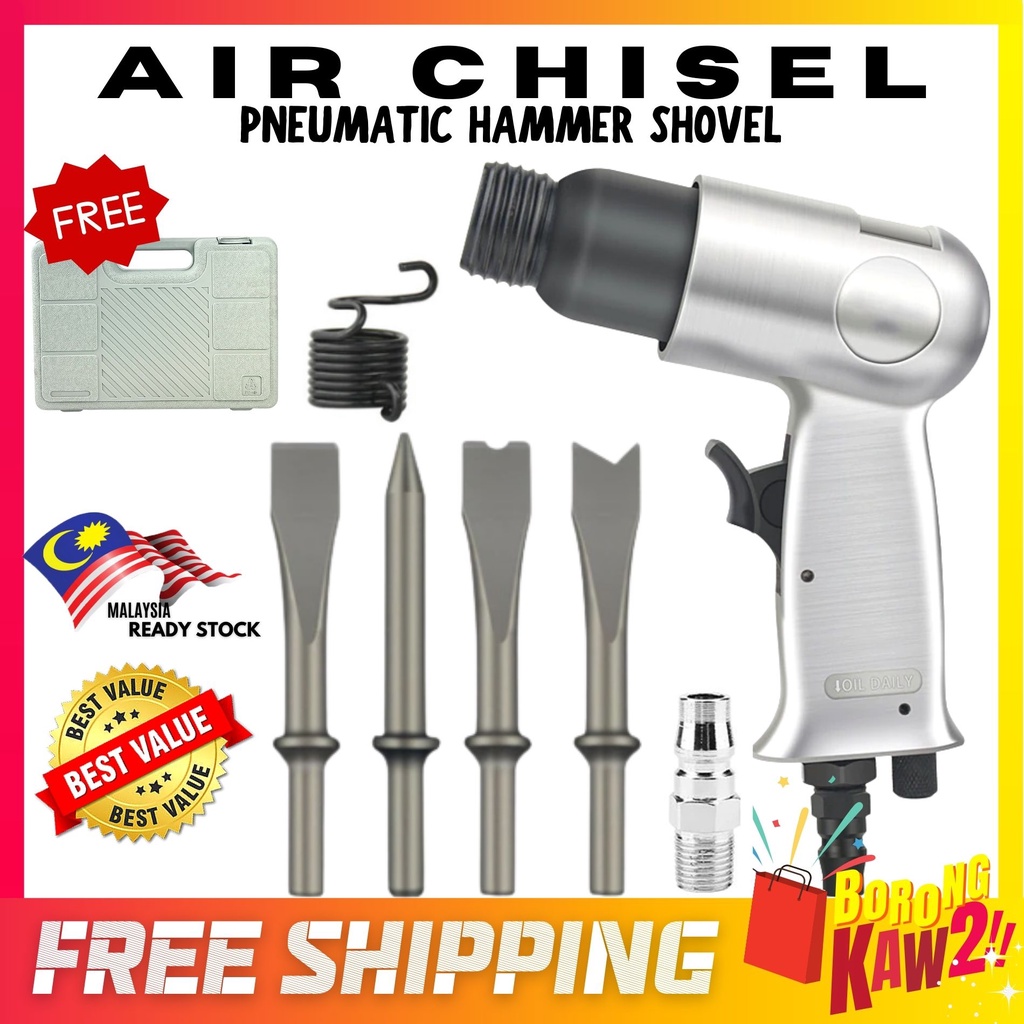 AIR CHISEL PNEUMATIC HAMMER SHOVEL SET WITH CASE 4 CHISEL HANDHELD HAND ...