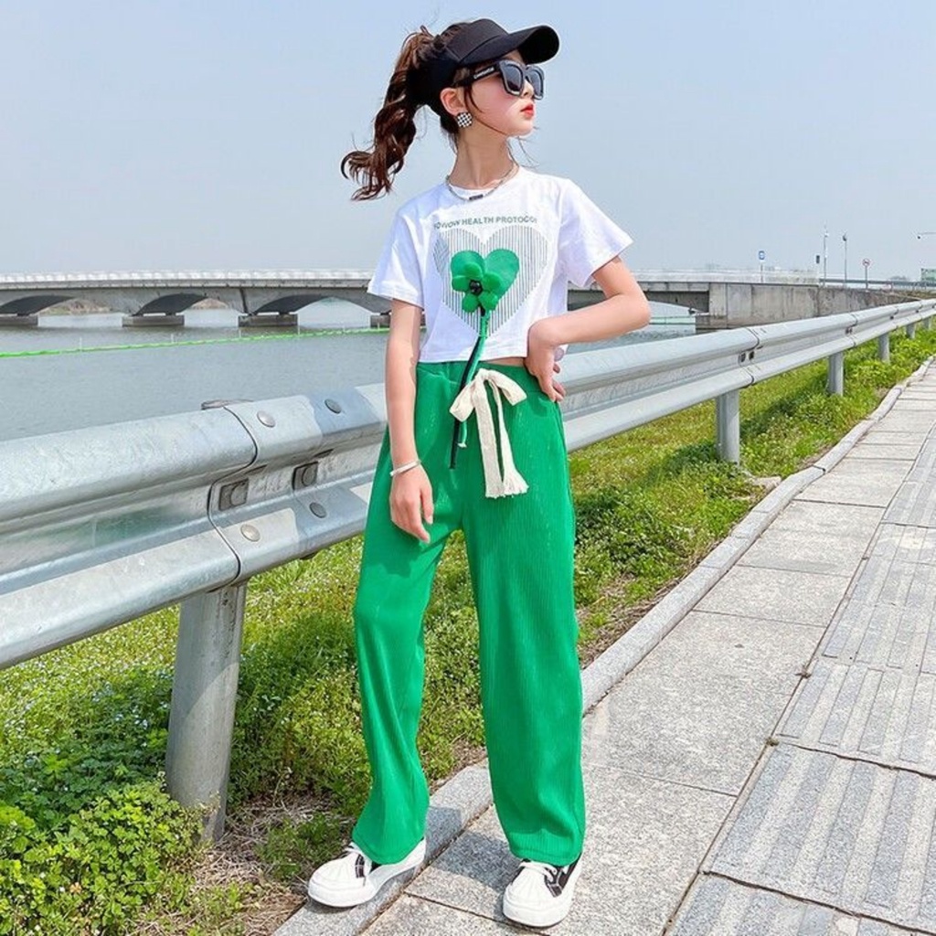 crop top with 3D flower heart and long bottom pants suits kids girls ...