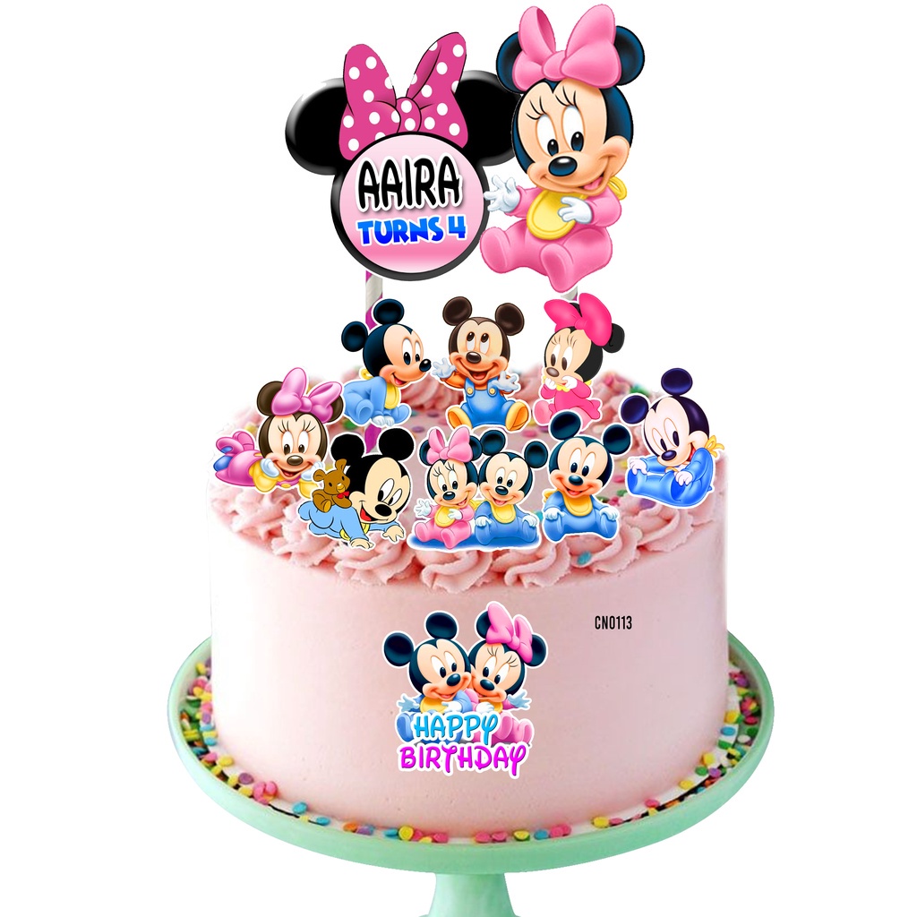 CUSTOM NAME] Happy Birthday Cake Topper Baby Minnie Mickey Mouse Decoration  Kek Printable Nama Party Majlis Hari Jadi 8