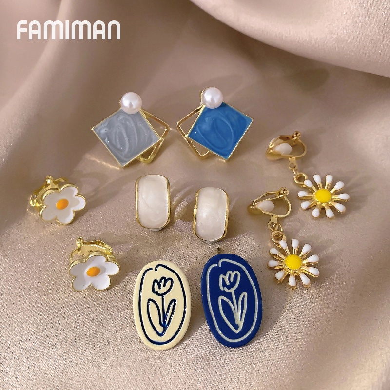 Flower ear clip pierced earrings cover head earrings Shopee Malaysia