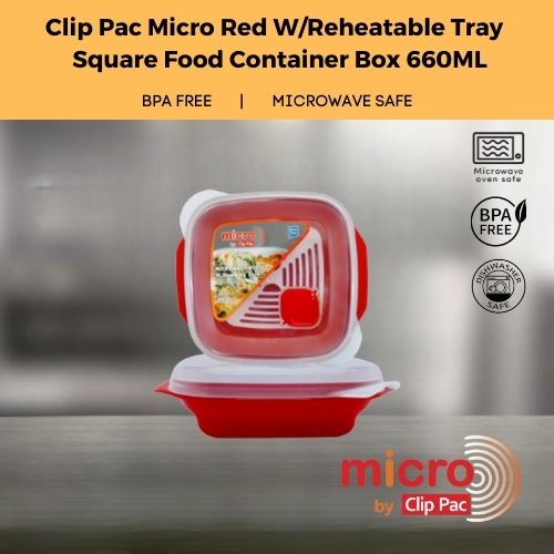 Clip Pac Micro Red W/Reheatable Tray Square Food Container Box 660ML