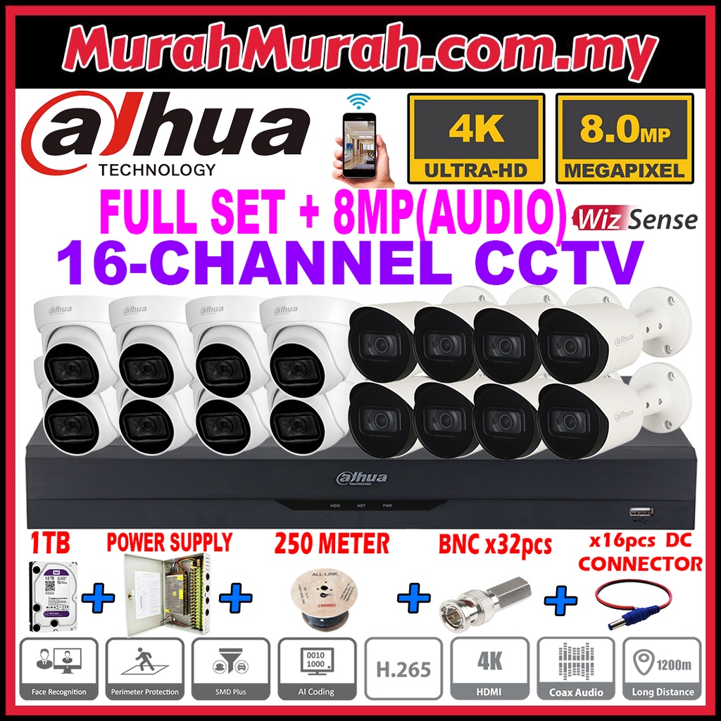 DAHUA 8MP + Audio Full Set 🌟16-CHANNEL🌟Ultra HD 4K 8.0MP CCTV 16CH DVR ...