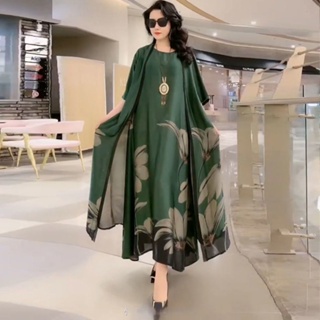 Silk Dress Two-Piece Women Elegant Floral Plus Size Dress Casual Beach  Vintage Long Dress Mother Dress 2023 Summer New Fashion | Shopee Malaysia