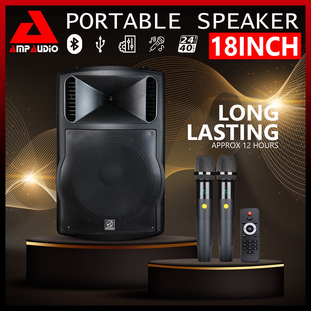 AmpAudio 18 Inch Portable Speaker Bluetooth TWS and Echo function with 2 Wireless Mic and Remote