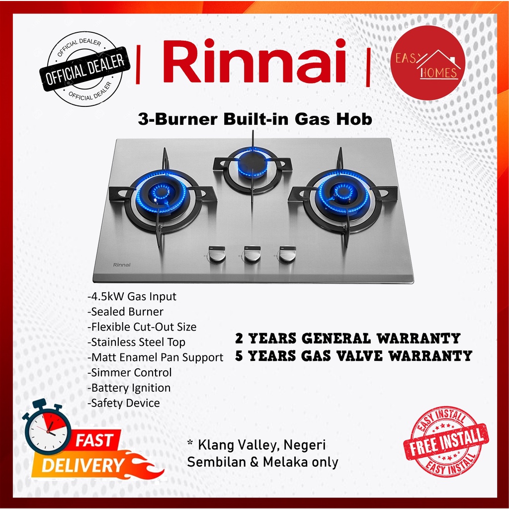 Rinnai 4.5kW RB38HS 3 Burner Built-in Gas Stove With Safety Device RB ...