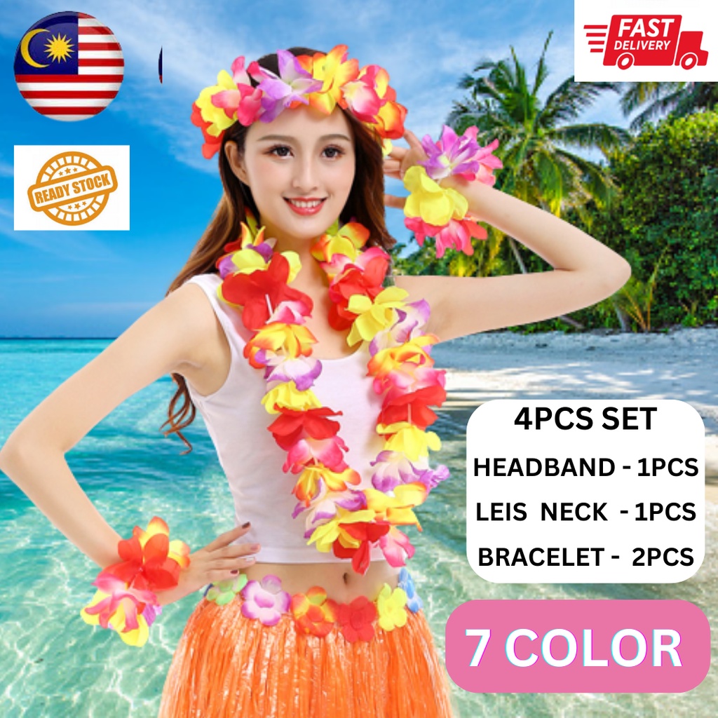 Layseri Lush Hawaiian Headpiece,Hawaiian Flower Leis Jumbo Necklace Bracelets Headband Set With Leaf For Hawaiian Luau Party Decoration Supplies (with