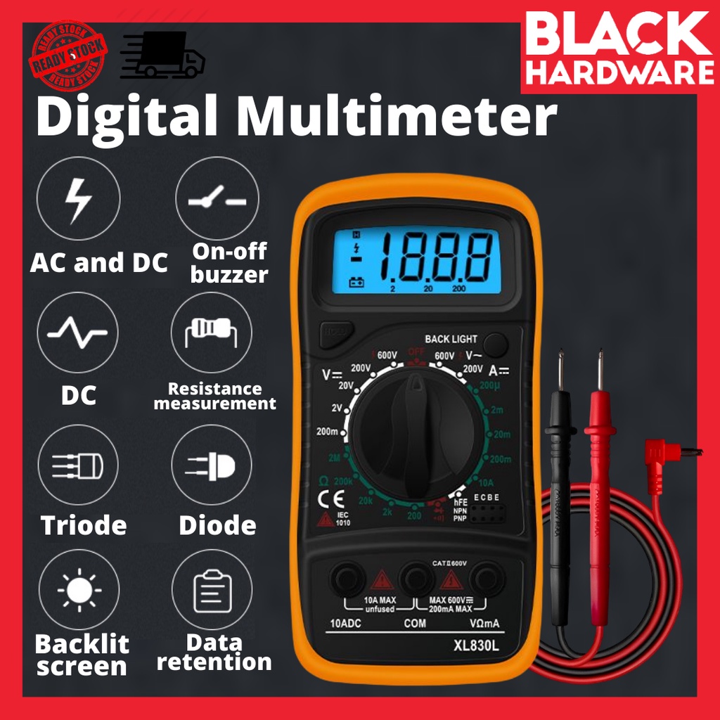 Black Hardware Fluke Digital Multimeter AC/DC OHM Tester Handheld Ammeter Voltmeter Measuring