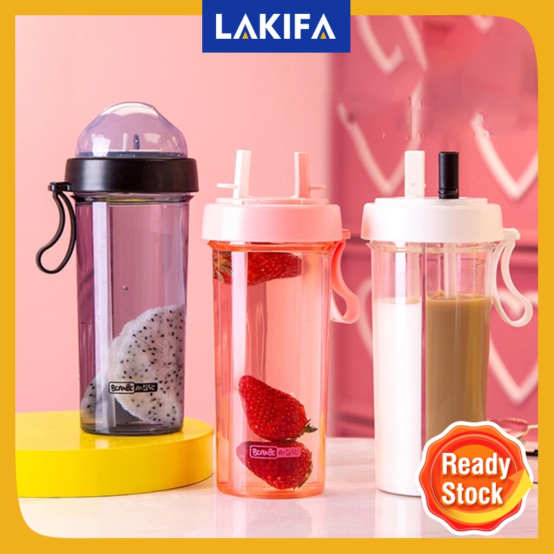 Botol Air Viral Portable Dual Straw Separate Double Drink Water