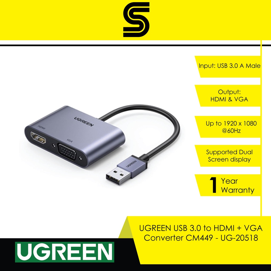 UGREEN USB 3.0 to HDMI + VGA Converter CM449 UG20518 Shopee Malaysia