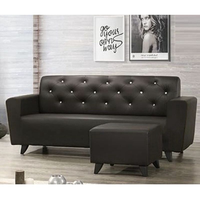 ( Sofa L)*READY STOCK* 3 Seater Leather & Fabric Sofa *FREE Stool* L ...