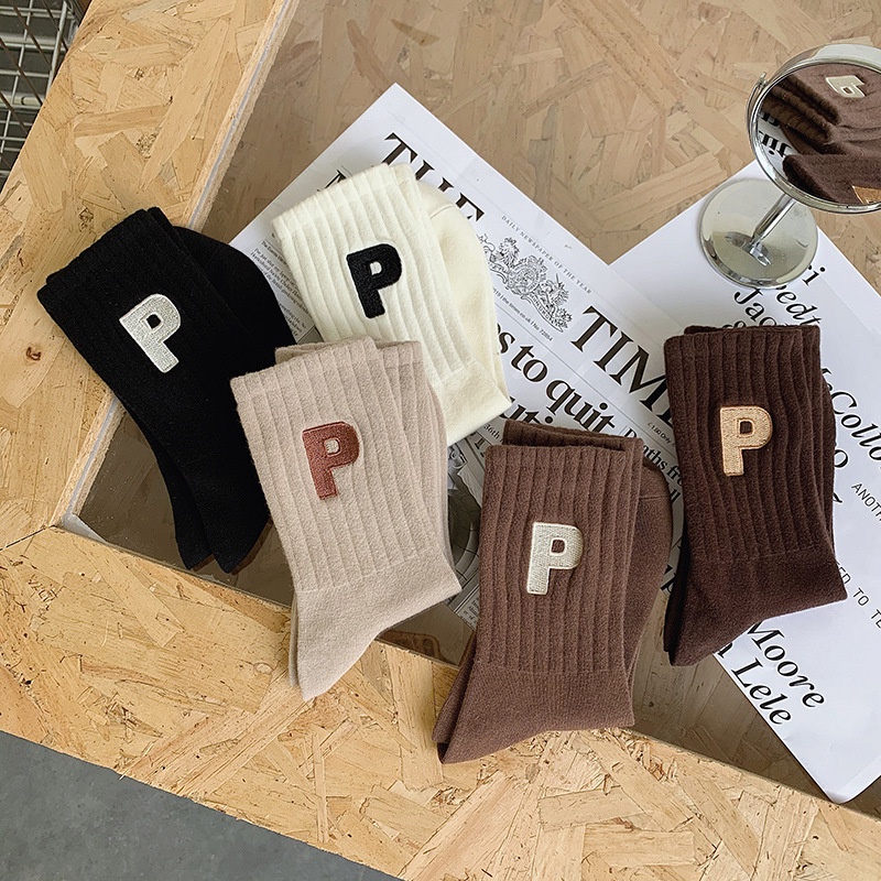 Autumn Winter Trendy Letter P Middle Tube Socks Women Polyester Cotton ...