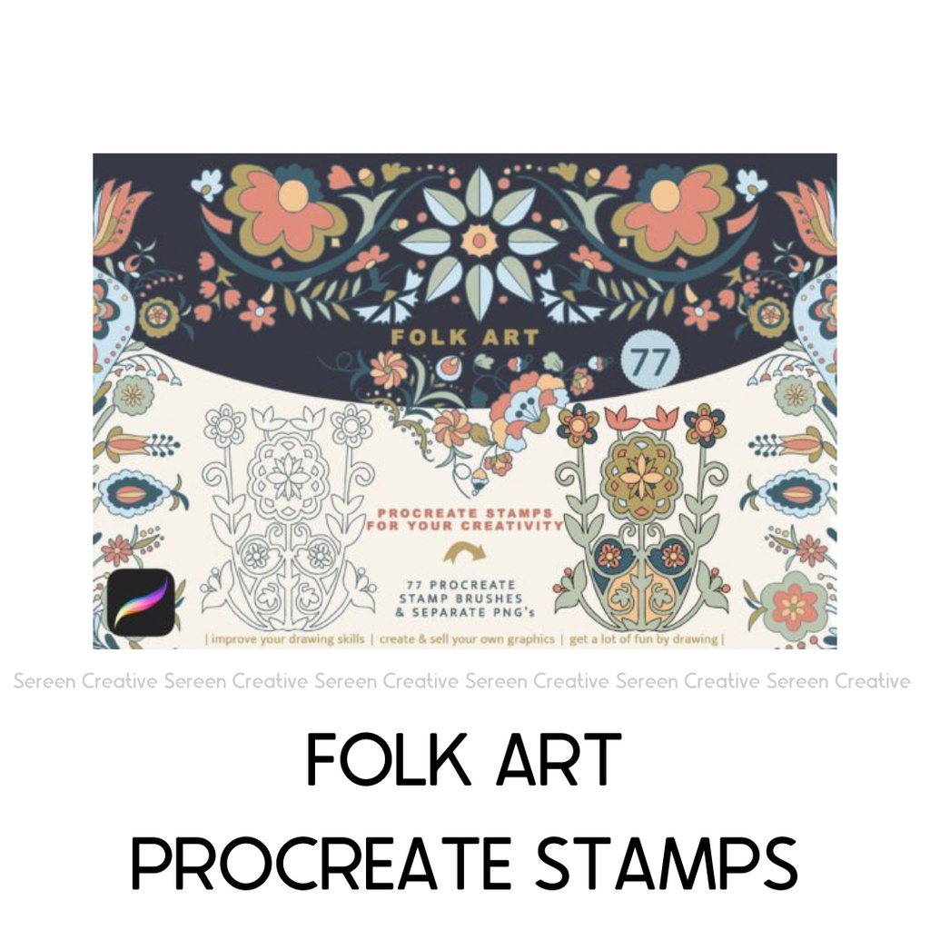 P114 Folk Art Stamp Brushes for Procreate (Clipart, floral, abstract ...