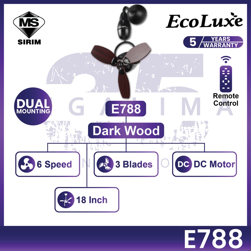 ECOLUXE E788 ECO788 18" 3Blades 6Speed Designer Premium Decorative Fan