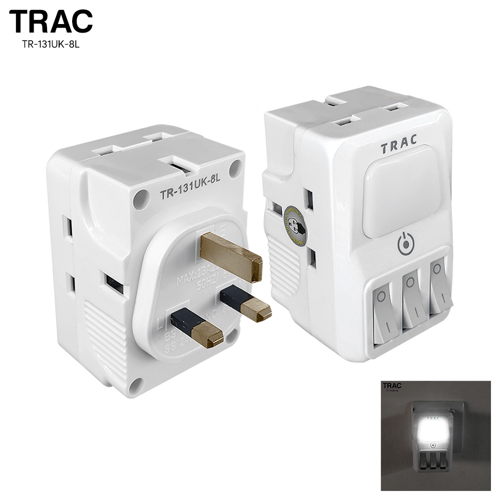 TRAC 2in1 3 Way Multi Adaptor LED Night Light On Off Switch UK 3 Pin ...