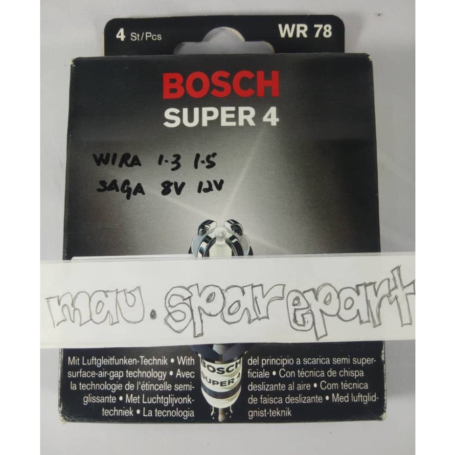 Original Bosch Super 4 Spark Plug WR78X Saga,Iswara,Satria,Wira,Kancil ...