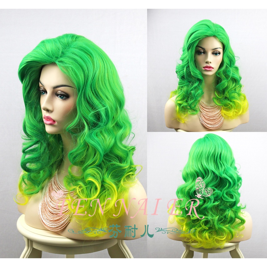 Rambut palsu hijau/kuning adas Lady Gaga gaya rambut rambut kerinting ...