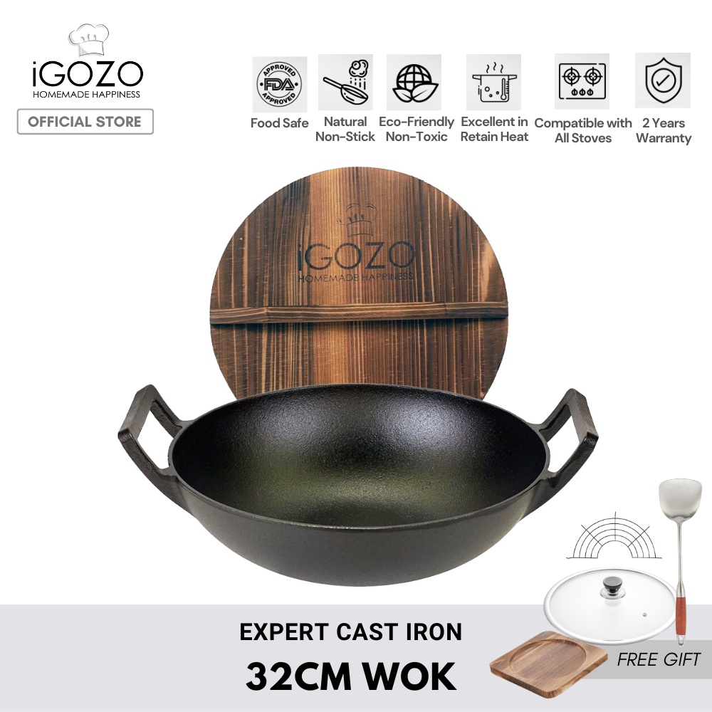 iGOZO Expert Cast Iron Wok with Wooden Lid (32cm) [Free Glass Lid + Semi Frying Rack + Turner + Wooden Trivet]