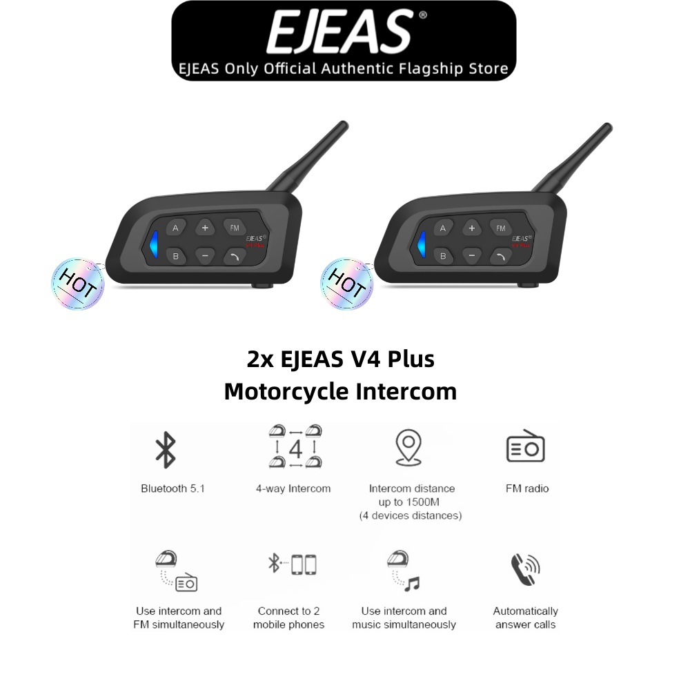 EJEAS V4 Plus Motorcycle Helmet Bluetooth Wireless Headset, Bluetooth 5.1, 4 rider talk