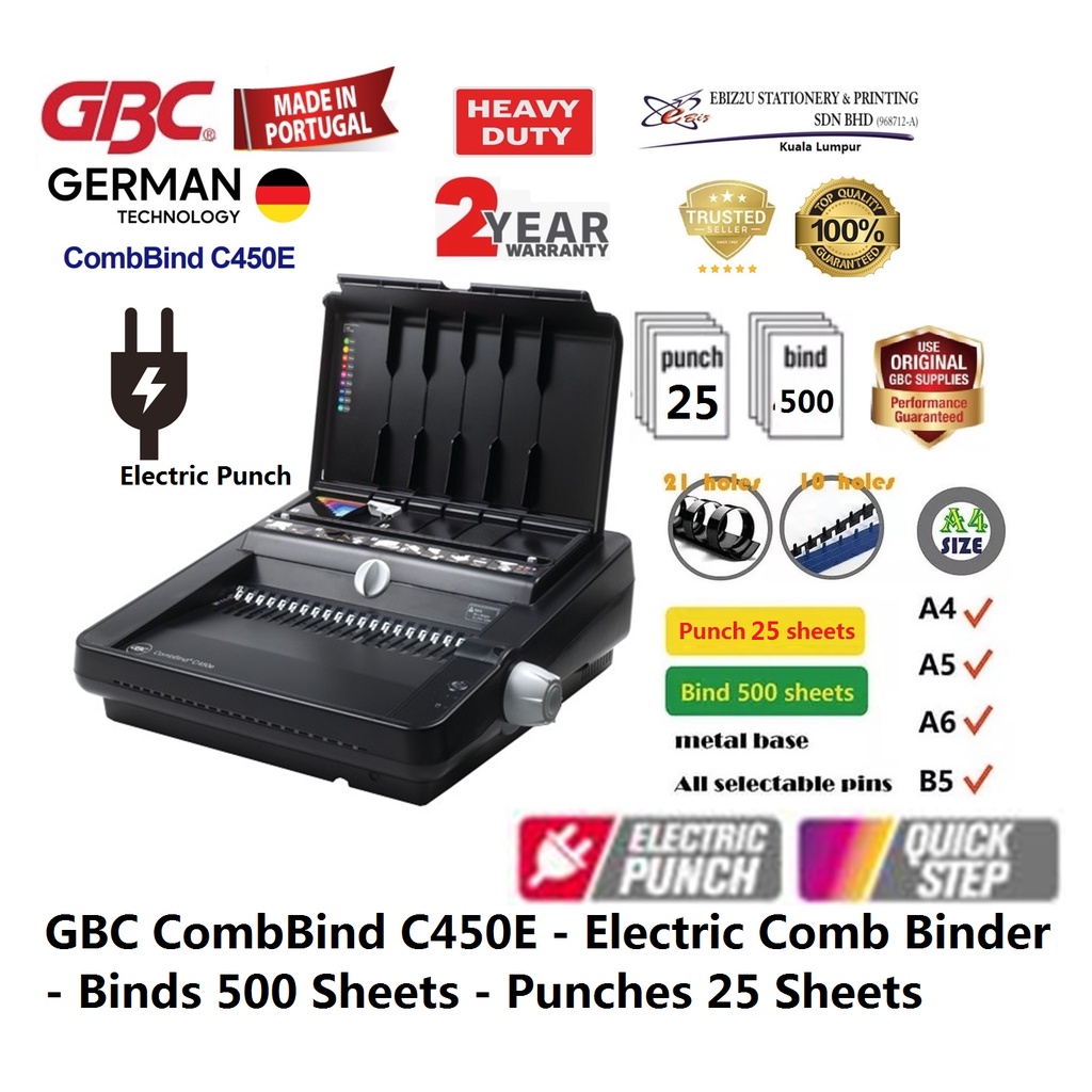 GBC CombBind C450E Electric Comb Binder Binds 450 Sheets Punches
