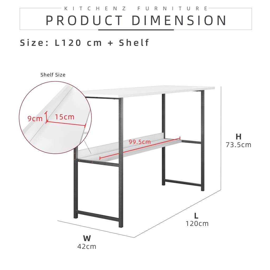 KitchenZ 4FT or 2.5FT Writing Table Study Table Storage Shelf Anti