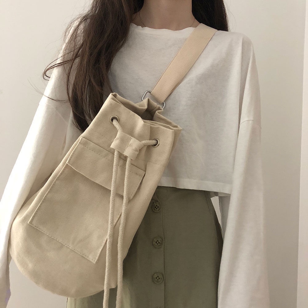 Korea ins Canvas Drawstring Bucket Bag Women Side Backpack Shoulder