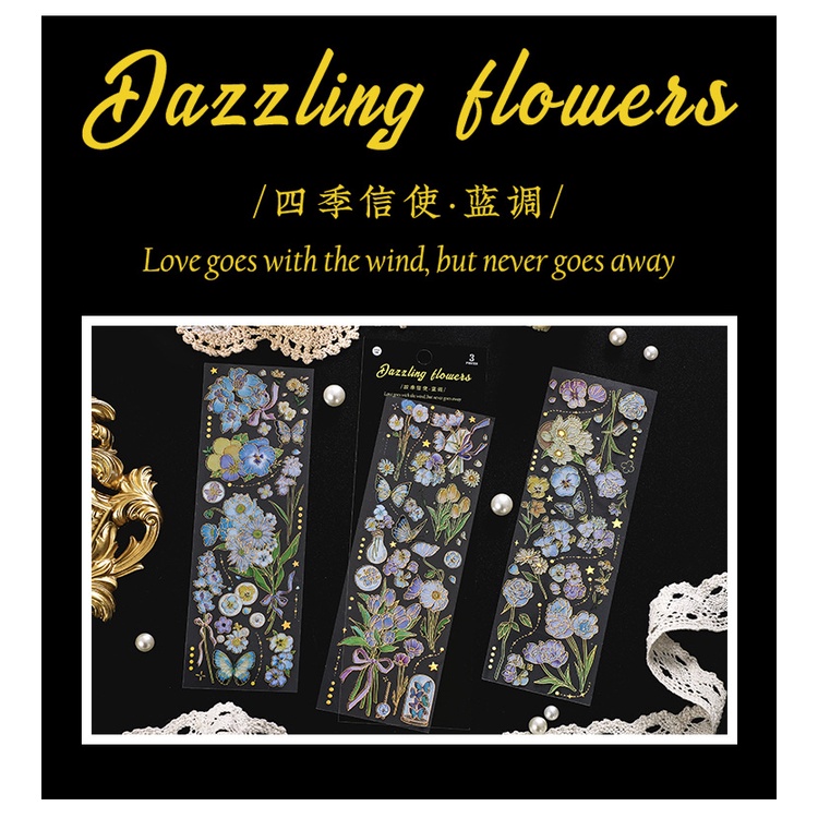 3 Sheets Bronzing Retro Flower Sticker PET Waterproof Sticker Journal ...