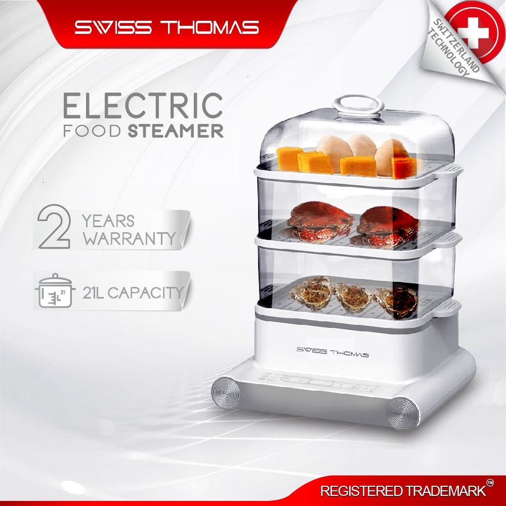 Swiss Thomas Electric Food Steamer 3 Tier Transparent Cover (21L
