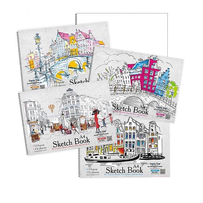 STEP BY STEP A4 SKETCH BOOK 15 SHEETS INCLUDING COVER 135GSM SIDE OPEN