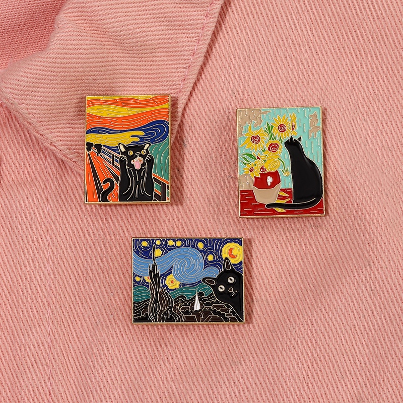 Cats In Oil Painting Enamel Pin Funny Black Cat Sunflower Brooch Metal ...