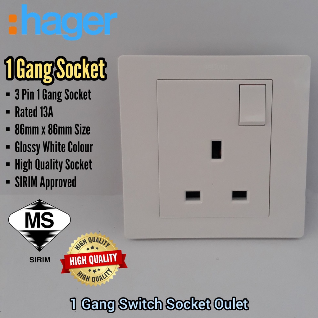 Hager 1 Gang Switch Socket Outlet 13a Sirim For Home Electrical