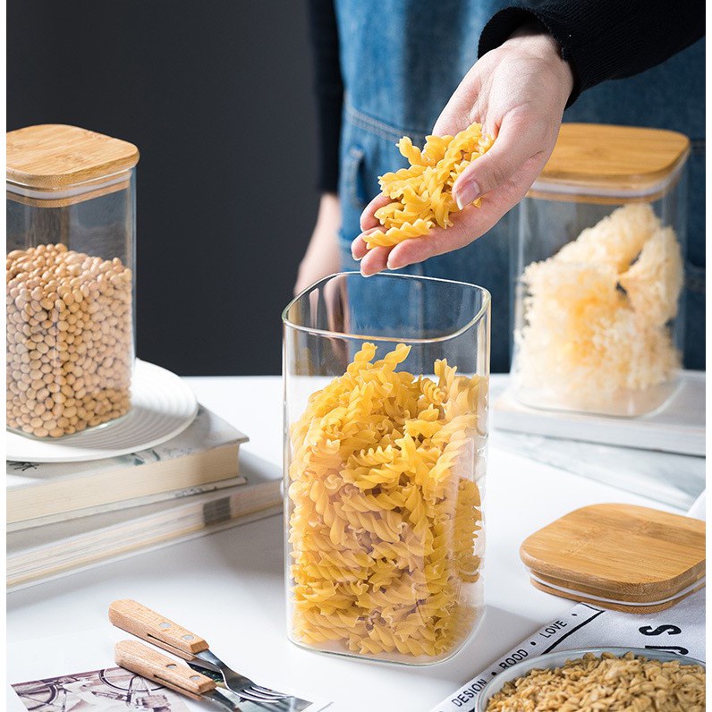 OMMO Square Bamboo Glass Canister Food Seasoning Storage Jar | Shopee ...