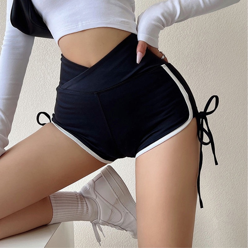 Sexy drawstring High Waist Shorts, hot girl bonded elastic peach