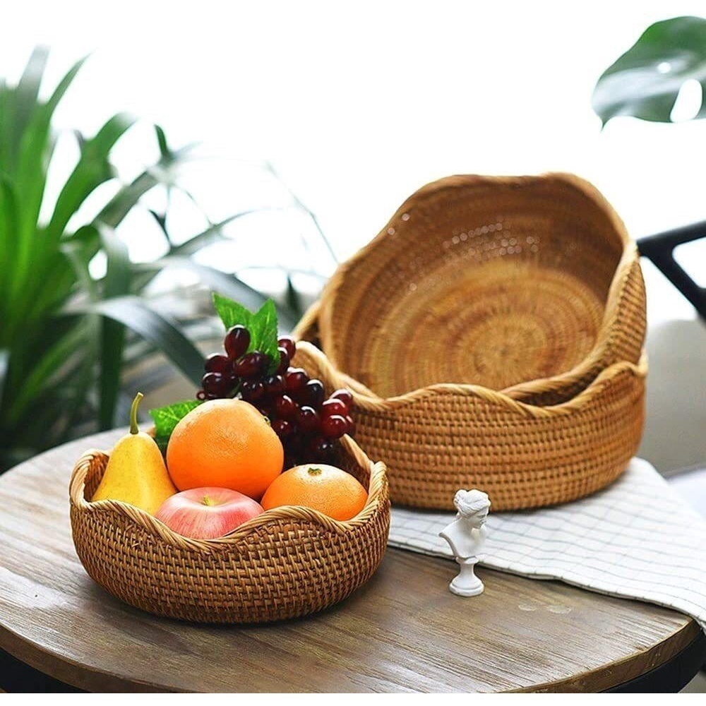 Rattan Round Fruit Baskets, Wicker Storage Bowls, Natural Woven Serving