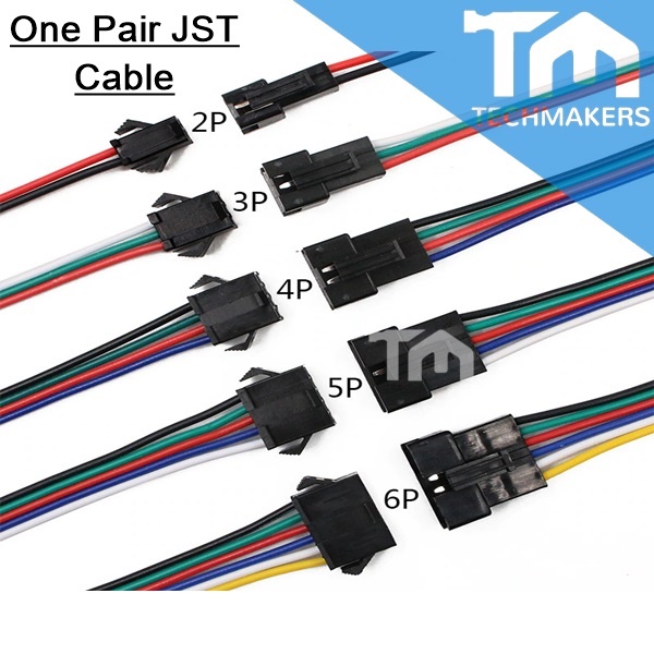 JST SM 2P 3P 4P 5P 6P Plug Socket Male to Female Wire Connector (30cm, 15cm each side) Easy Clip Multi-Purpose TechMaker