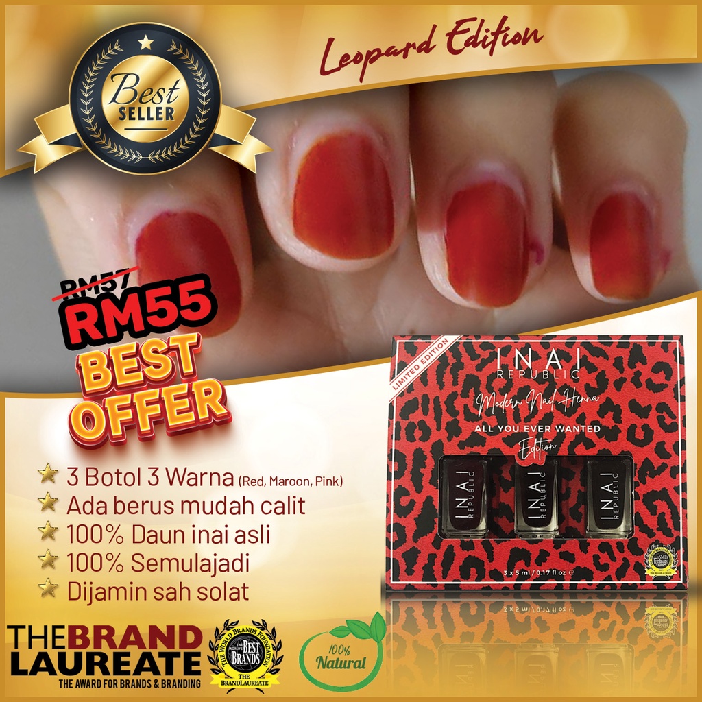 Inai Kuku 3 In 1 Leopard Edition Red Maroon Pink Halal Sah Solat Telus