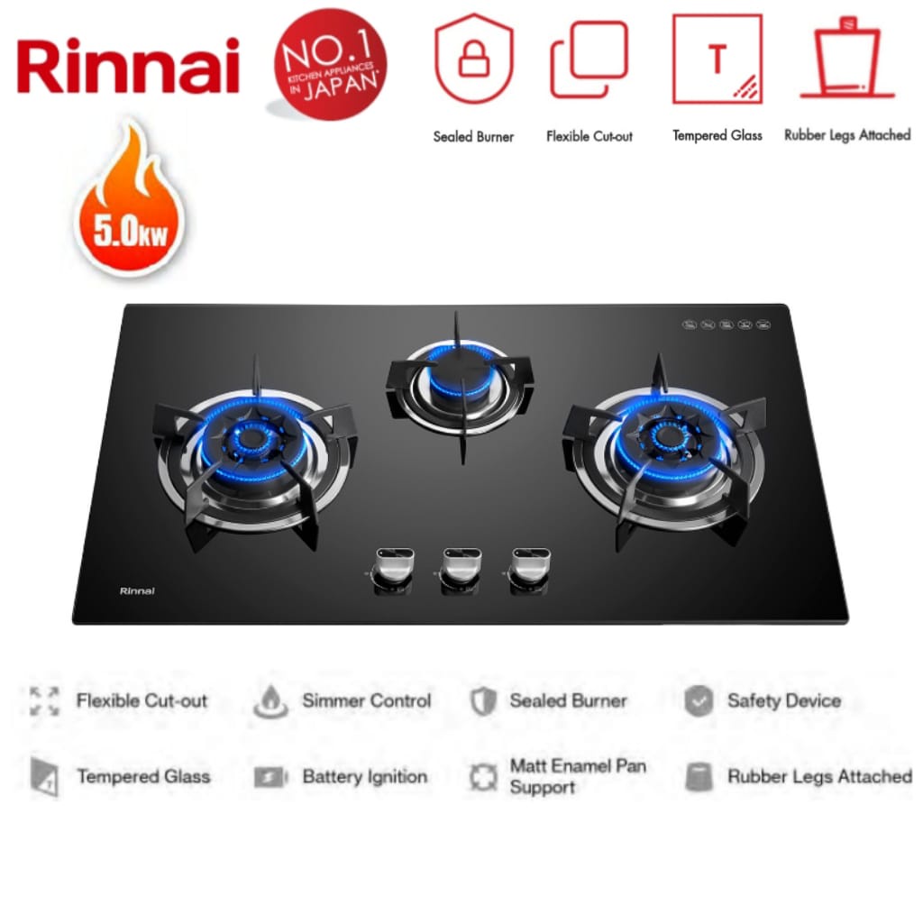 RINNAI 5.0kW 3 Burner Built-In Gas Stove Flexi Hob RB-983G | Shopee ...