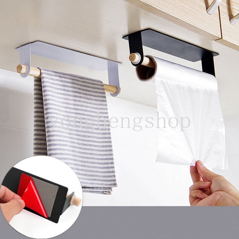 Wooden Iron Self-adhesive Towel Bar Storage Rack Wall Hanging Roll ...